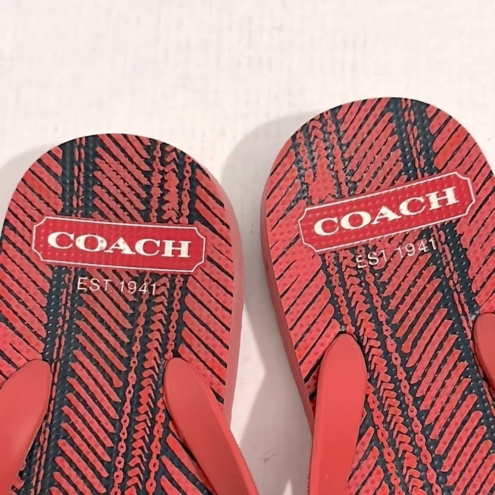 Coach Red Flip Flops with Gold Accents